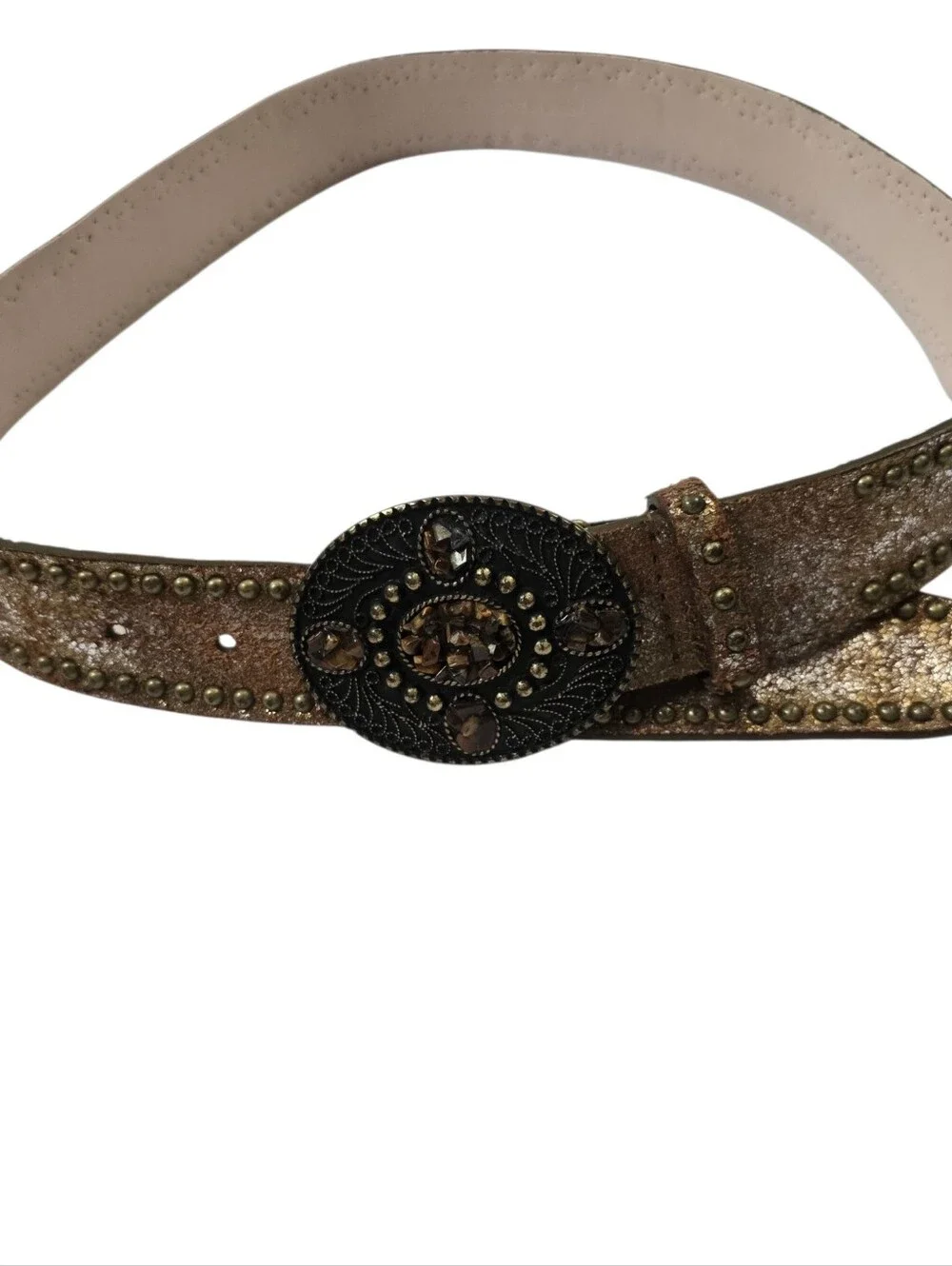 Western Cowgirl Leather Belt 39” Studded Rhinestone Statement Buckle Rodeo Boho